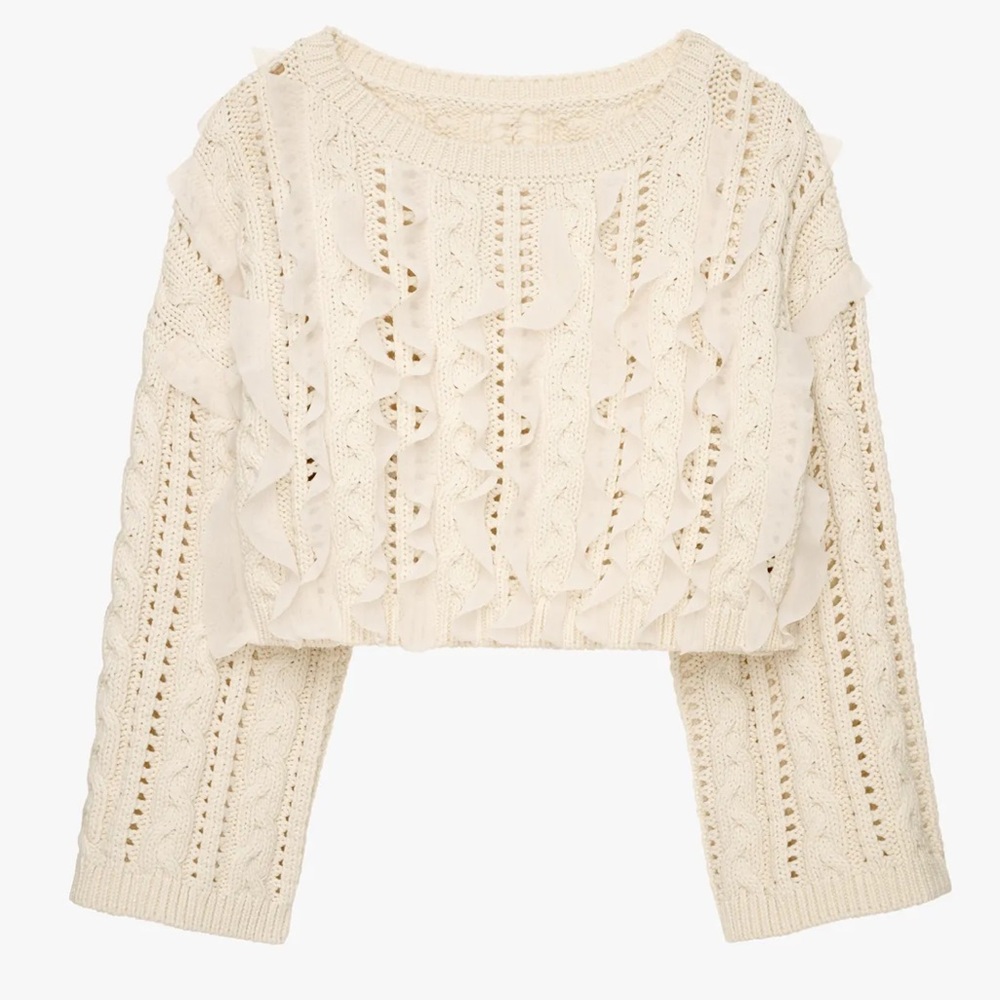 Brand New Zara Cream Cropped Ruffle  Sweater Size Small